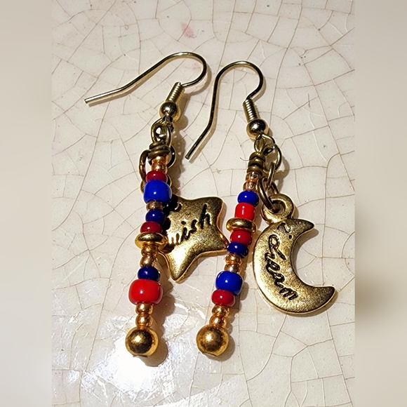 Celestial star and half moon Crescent beaded Dangle earrings - Picture 3 of 6